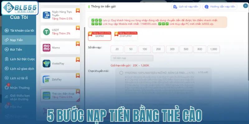 5 bước nạp tiền bằng thẻ cào